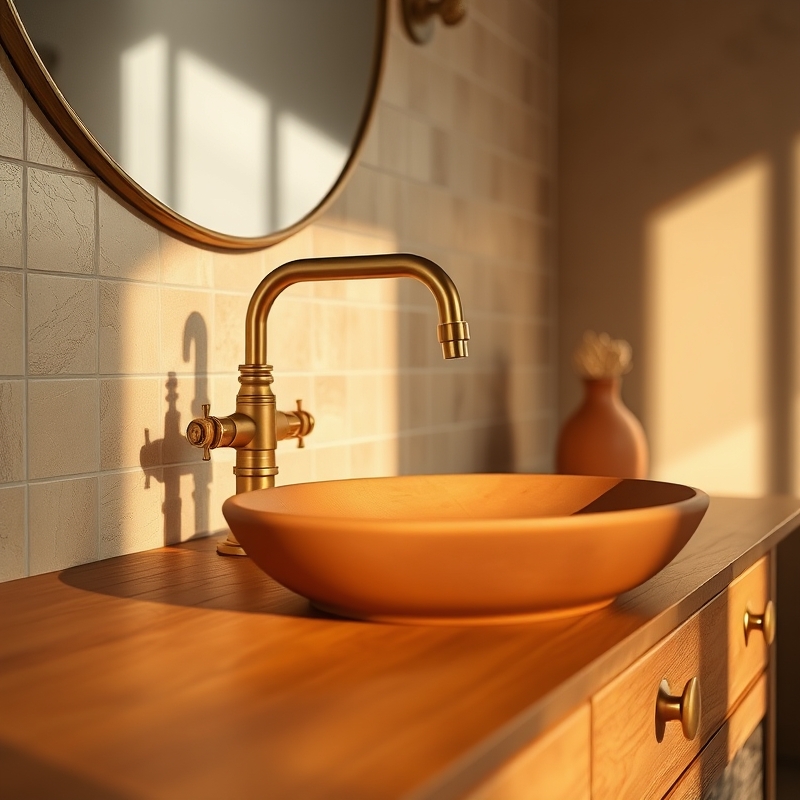 Raw brass faucet and hardware on wooden vanity