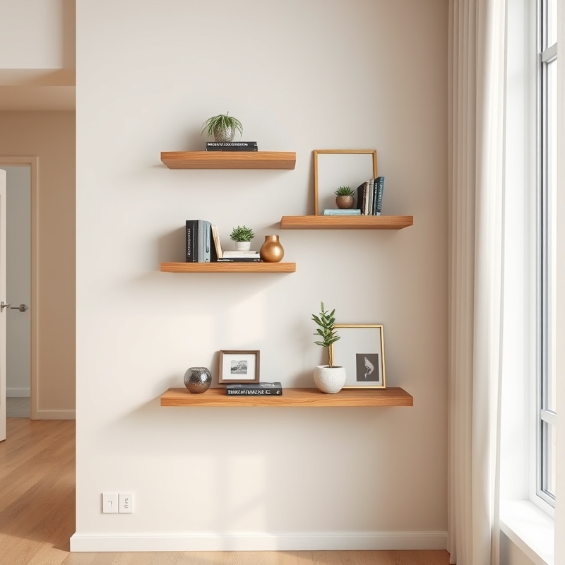 Wooden floating shelves styled with decor in apartment corner