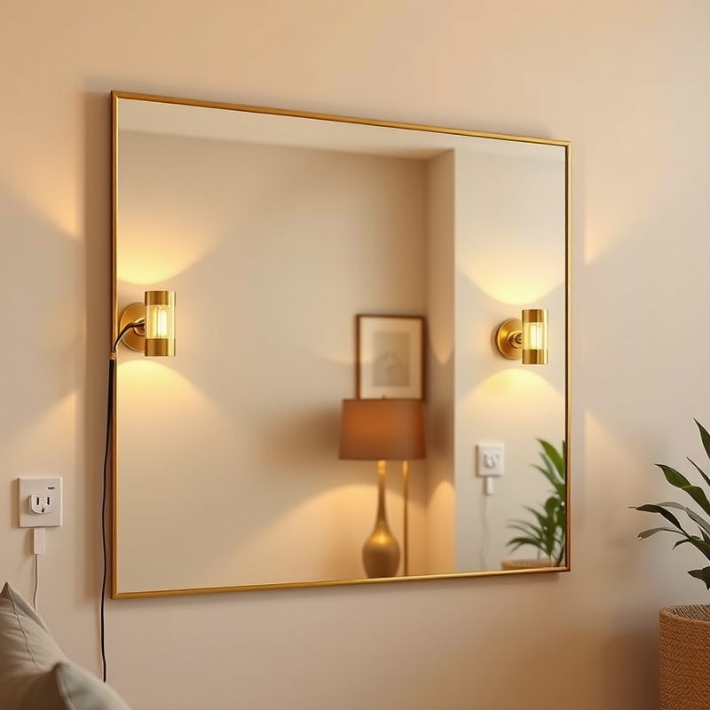 Brass wall sconces flanking apartment living room mirror