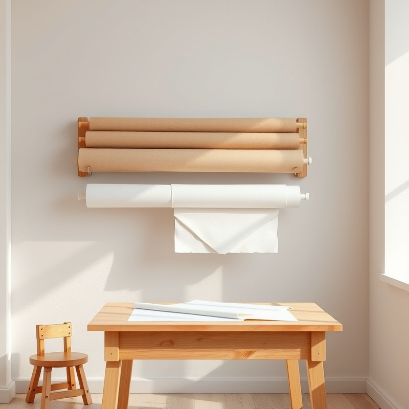 Wall-mounted paper dispenser holding colored craft paper rolls