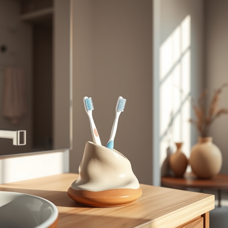 Handmade ceramic toothbrush holder on bathroom counter
