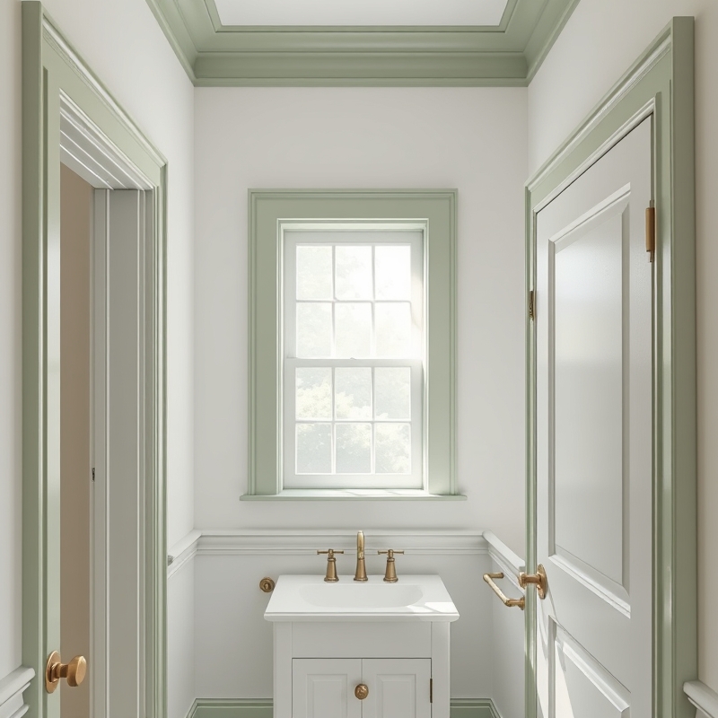 Bathroom doorframe and window trim painted soft sage green