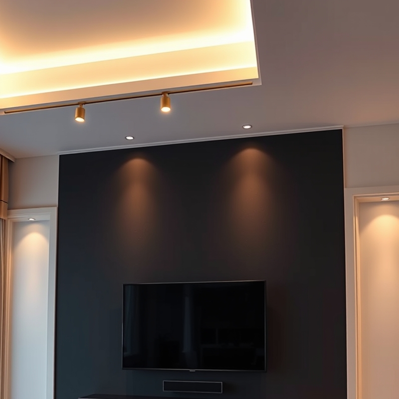 Recessed track lighting integrated above television wall