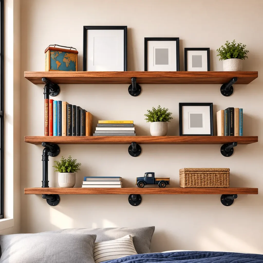 Black iron pipe shelves displaying books and toys