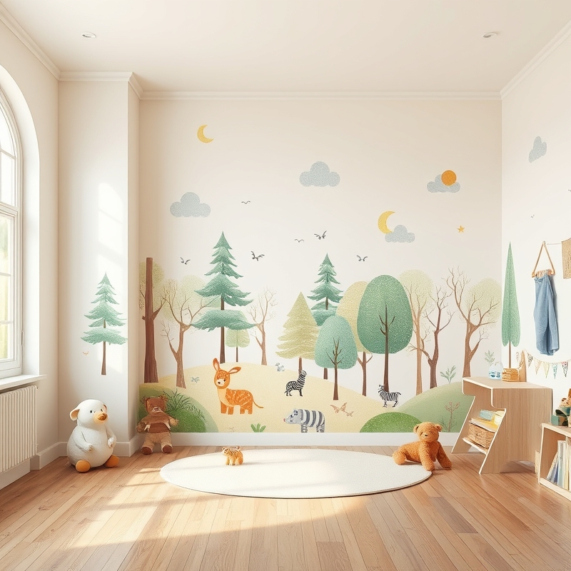 Colorful removable decals creating forest scene on wall