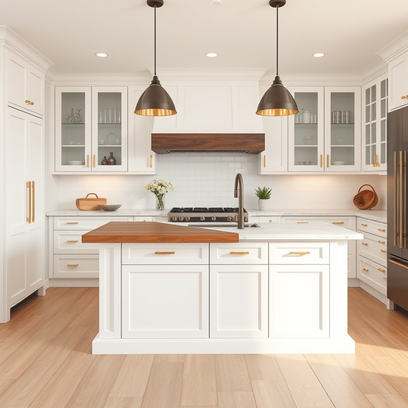 Island with contrasting base and countertop in white and wood tones
