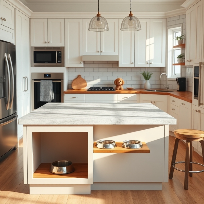 Recessed nook under island with dog water and food bowls