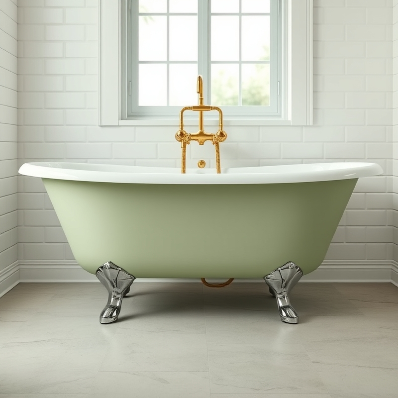 Freestanding sage green clawfoot tub positioned in bathroom center