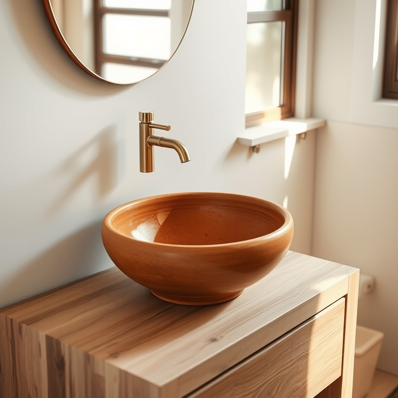 Handmade terracotta vessel sink on wooden vanity