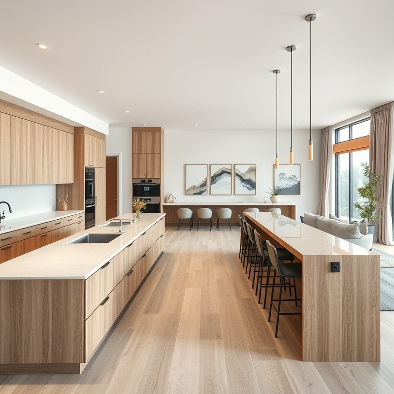 Two-sided kitchen island separating kitchen from living room