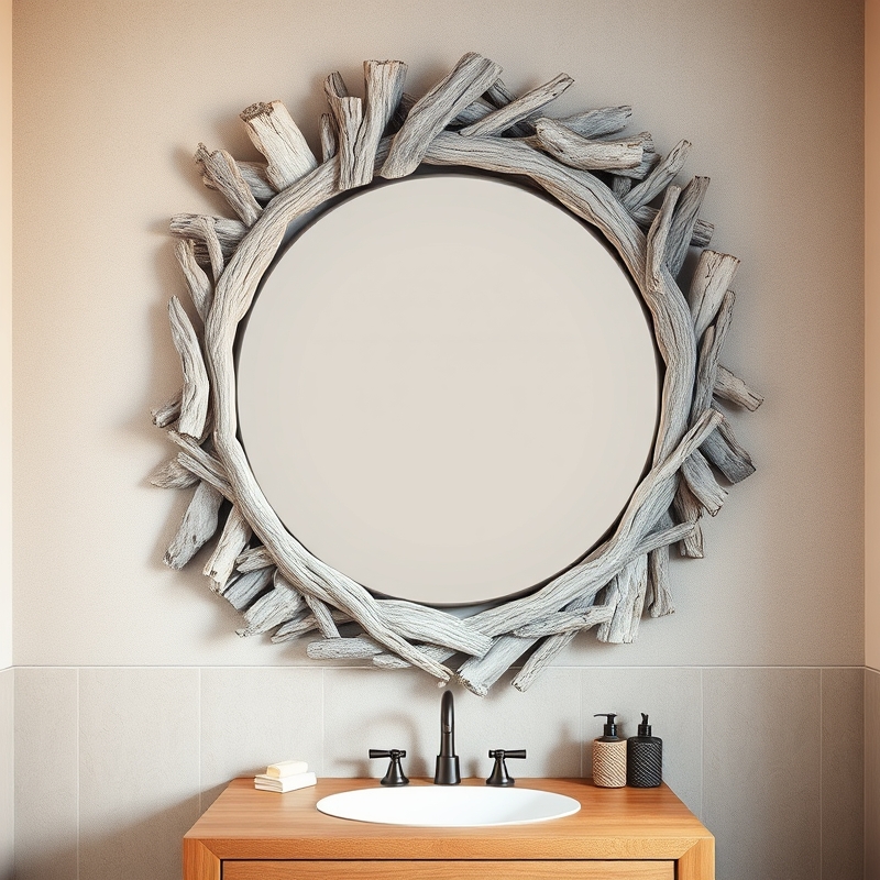 Driftwood framed mirror on bathroom wall