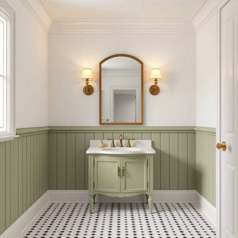 Bathroom wall with sage green painted wainscoting and white upper walls