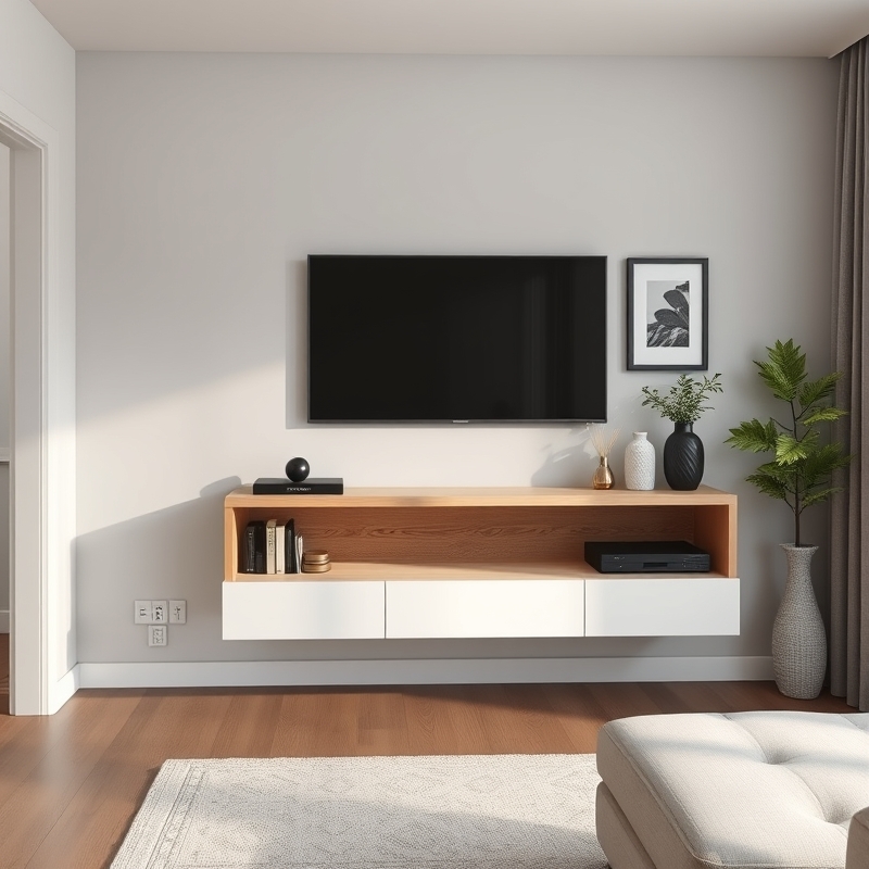 Sleek white floating console with hidden storage mounted on small living room wall