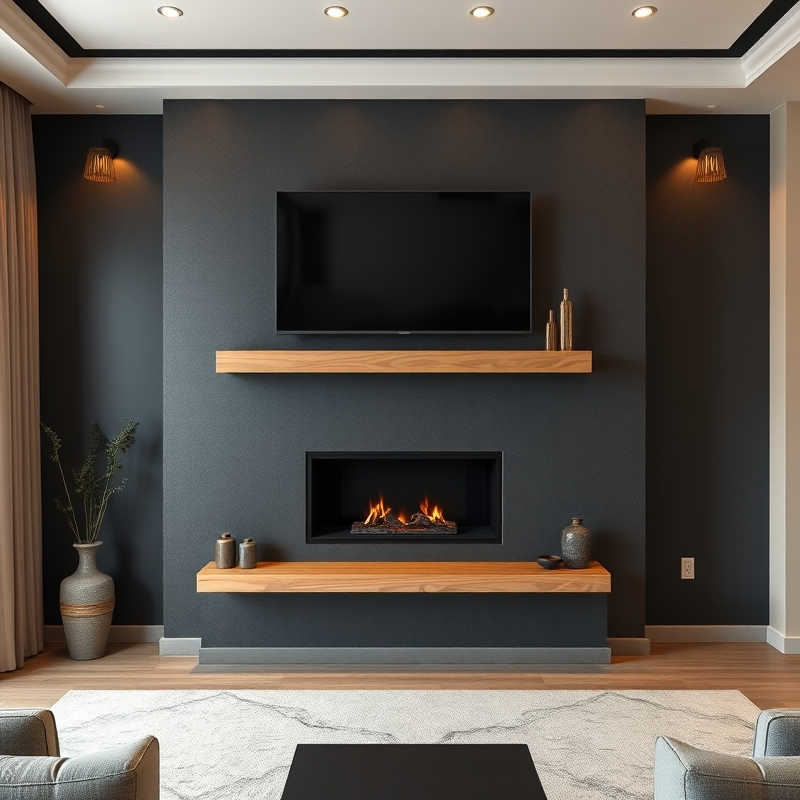 Floating wood mantel on dark accent fireplace wall