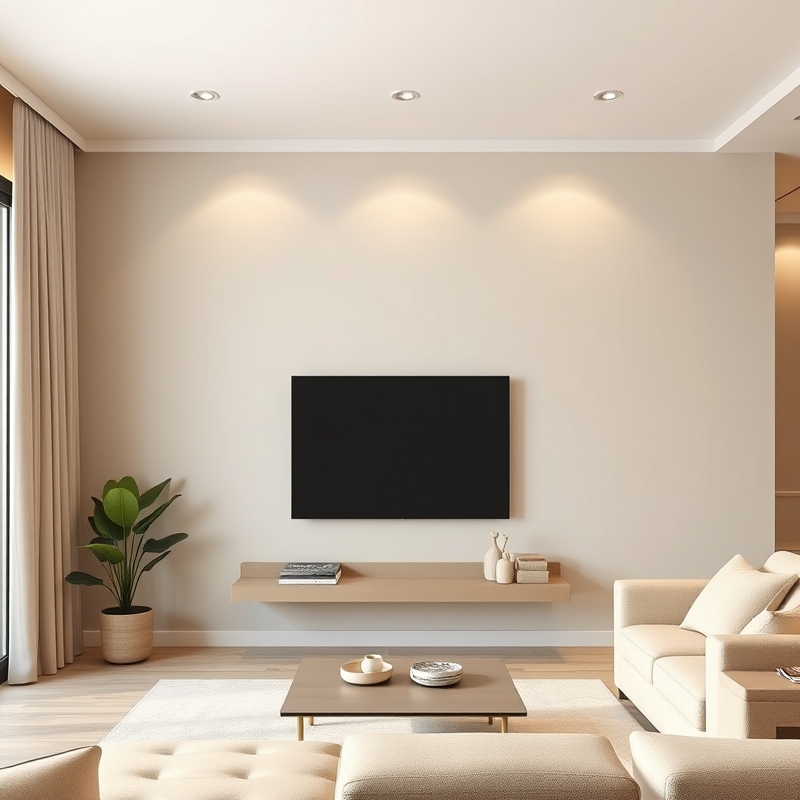 Living room TV wall painted soft greige with matching tones
