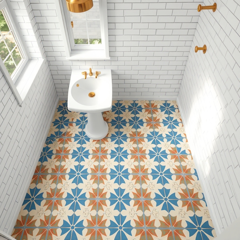 Geometric patterned cement tiles covering bathroom floor in blue and cream tones