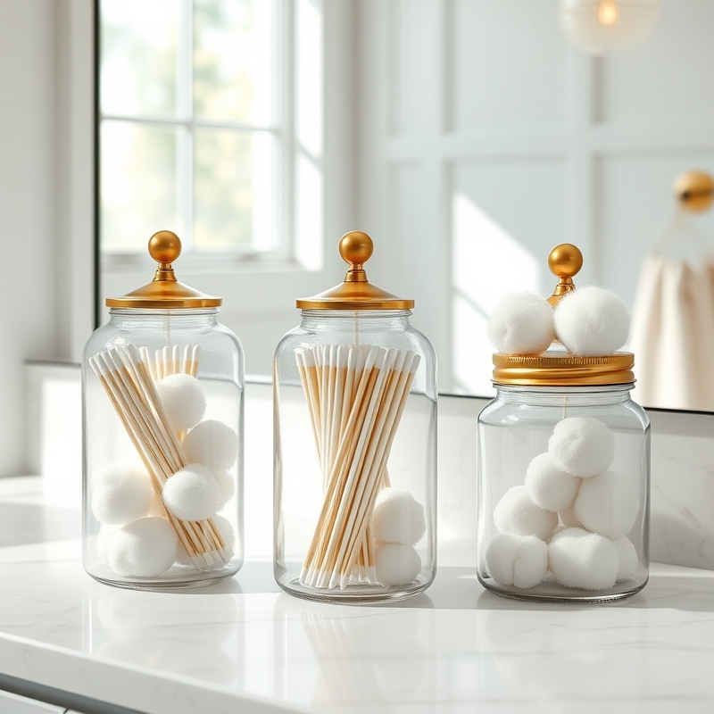 Three glass apothecary jars filled with cotton swabs on white vanity
