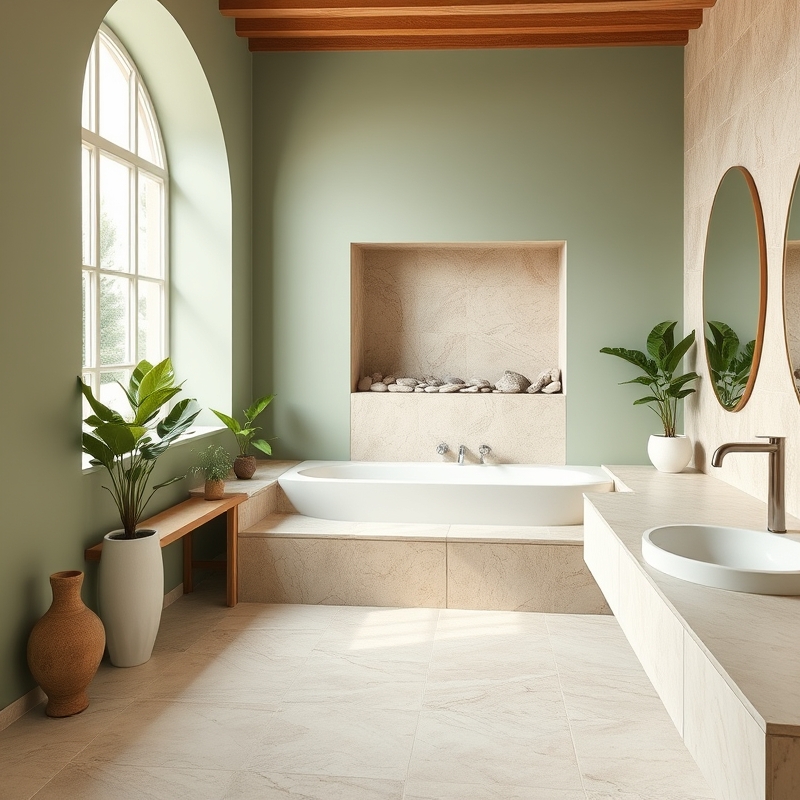 Bathroom featuring sage green walls with natural stone countertop and accents