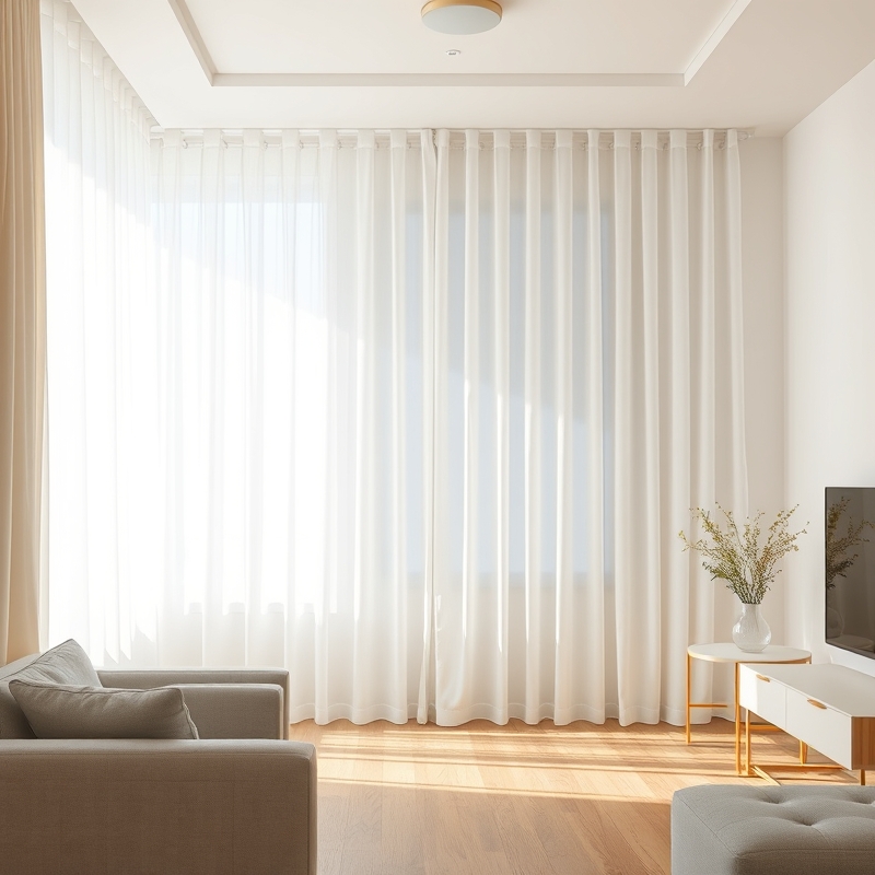 Flowing sheer curtains extending from ceiling to floor