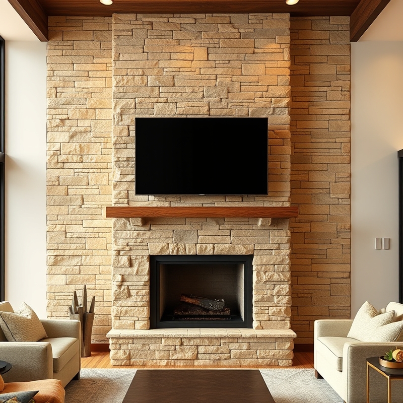 Stacked stone fireplace wall with mounted TV