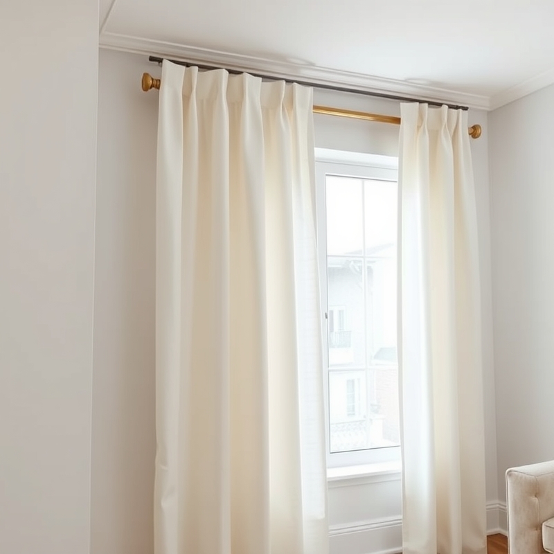 White floor-to-ceiling curtains framing window in small living room