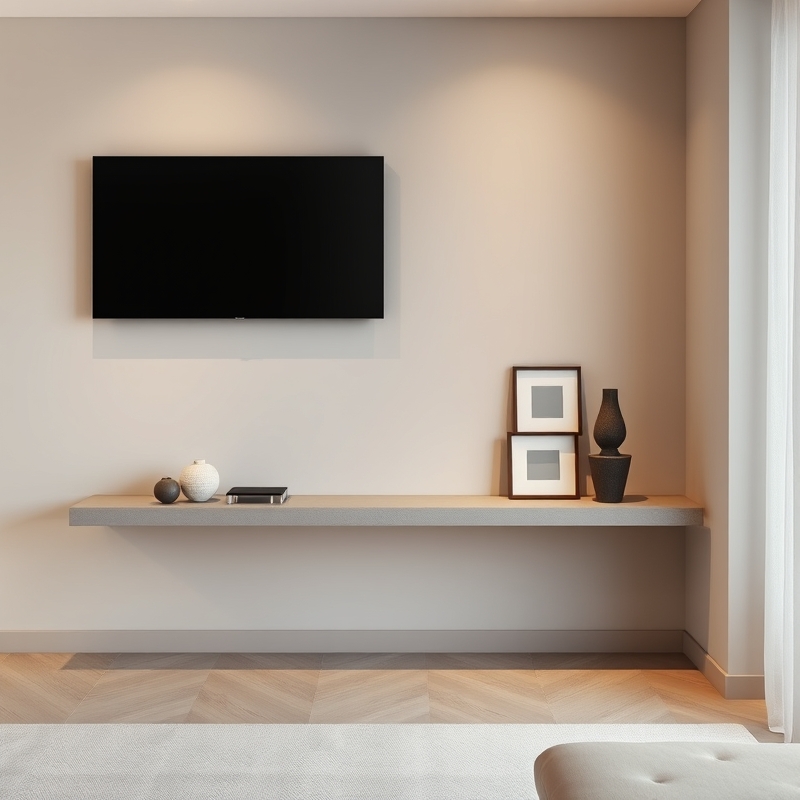 Minimalist microcement shelf floating beneath television
