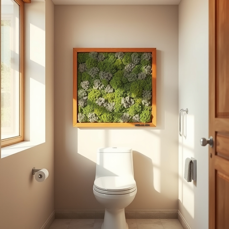 Preserved moss art in wooden frame on bathroom wall