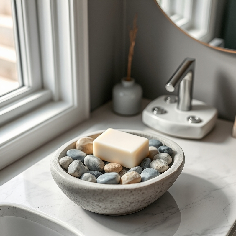 Handmade river rock soap dish on bathroom vanity