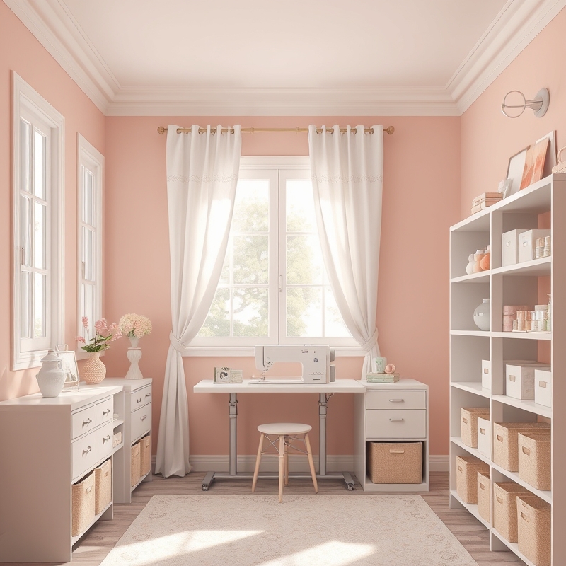 Sewing room painted in soft blush pink and cream with matching accessories