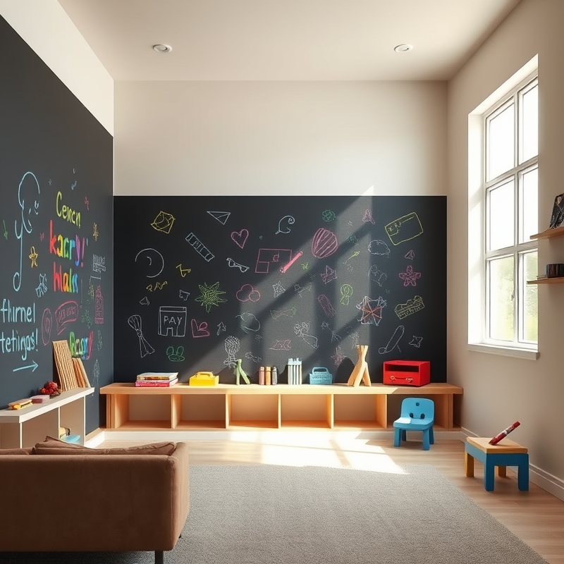 Full wall painted with chalkboard paint and colorful chalk drawings