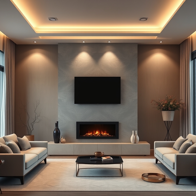 Elegant living room with fireplace and mounted TV