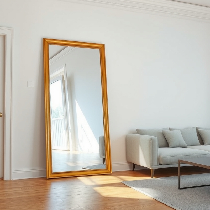 Large leaning mirror reflects light in apartment living room