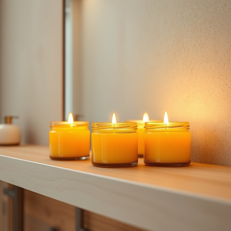 Beeswax candles in amber glass jars on bathroom shelf