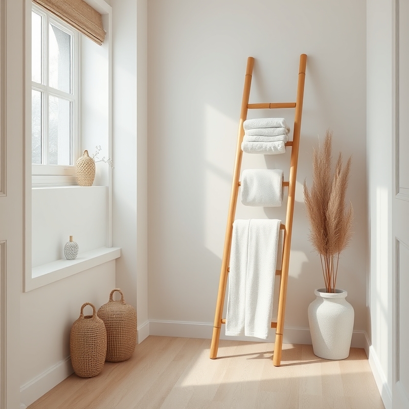 Bamboo leaning ladder with folded towels in bathroom