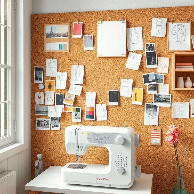 Wall above sewing machine covered with color swatches, sketches, and design inspiration