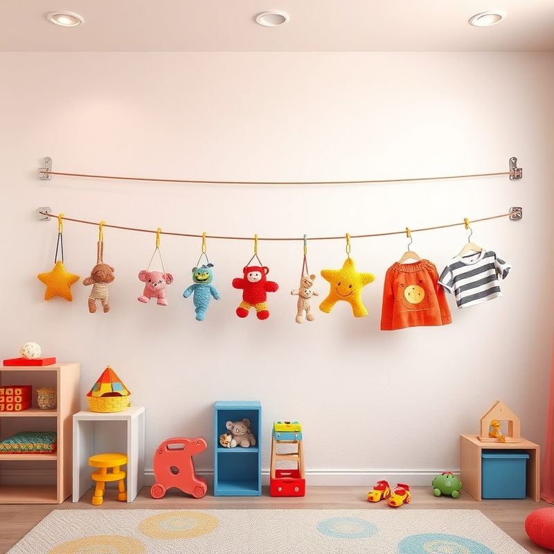 Horizontal wire with hanging clips displaying children