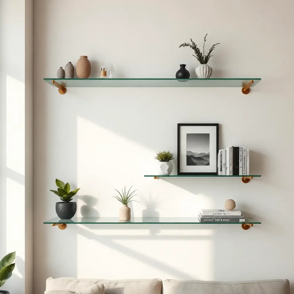 Floating glass shelves with decorative objects and green plants