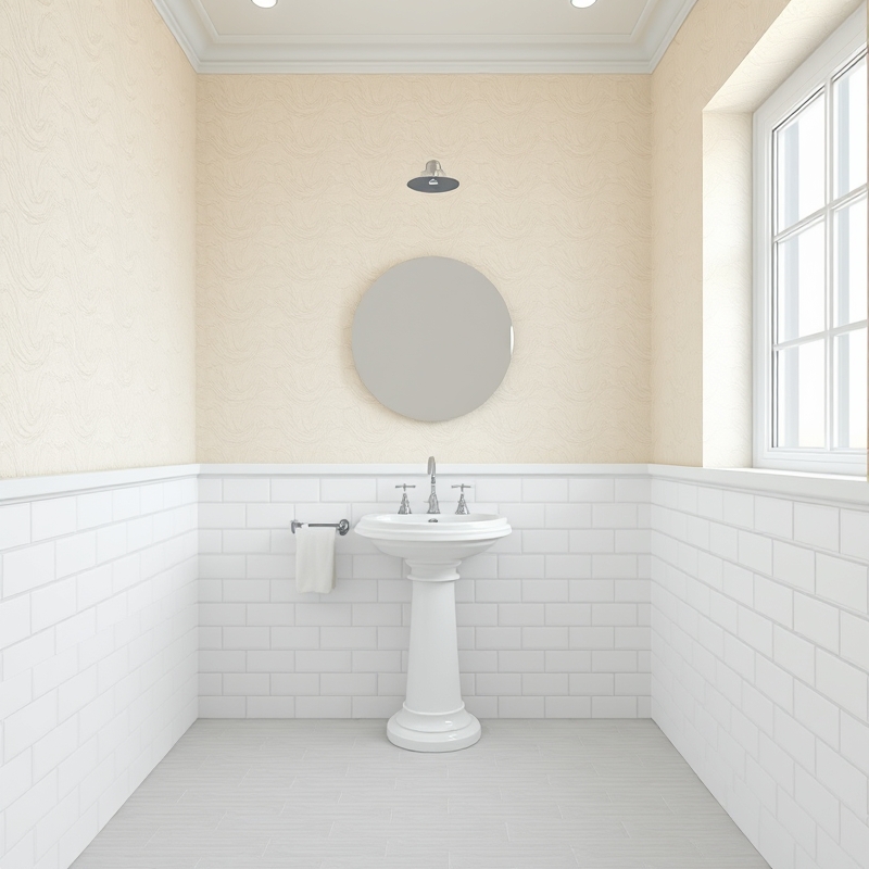 White and cream textured wallpaper covering half bathroom walls