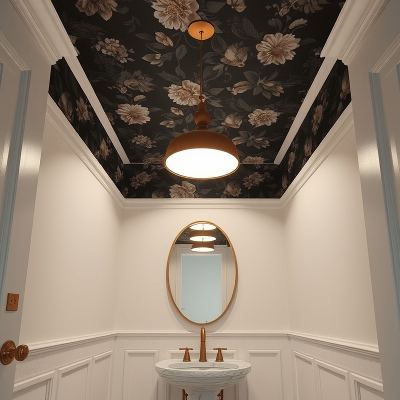 Powder room with dark floral wallpaper on ceiling above white walls