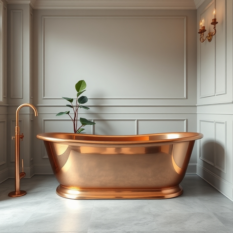 Shiny copper freestanding soaking tub positioned as focal point in luxury bathroom