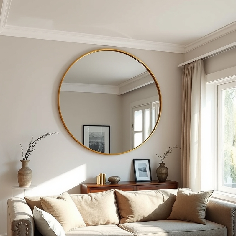 Large round mirror with gold frame hanging above sofa in small living room