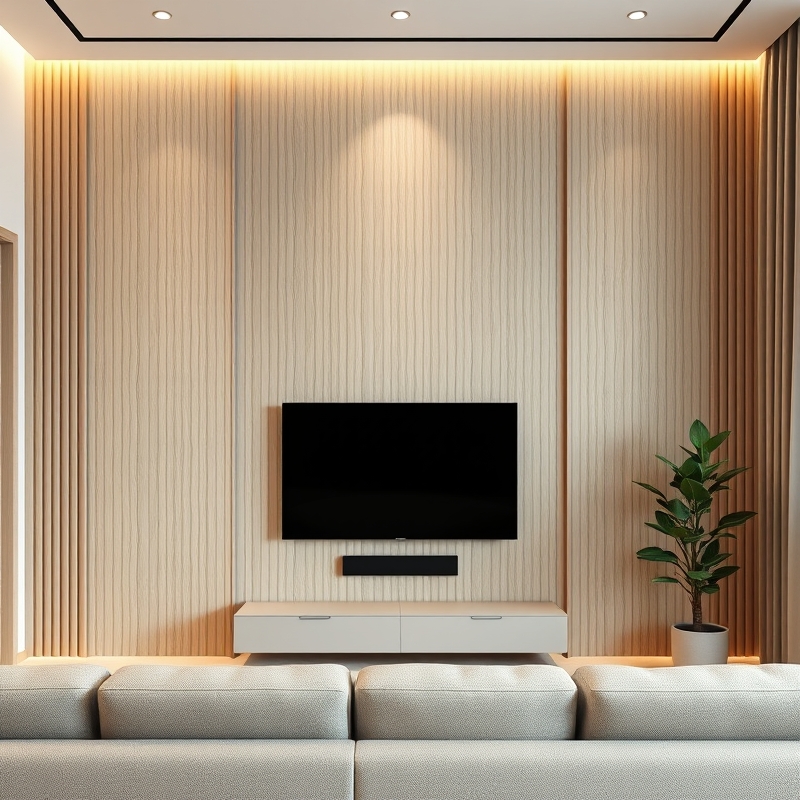 Living room TV wall with vertical wood slats for sound absorption