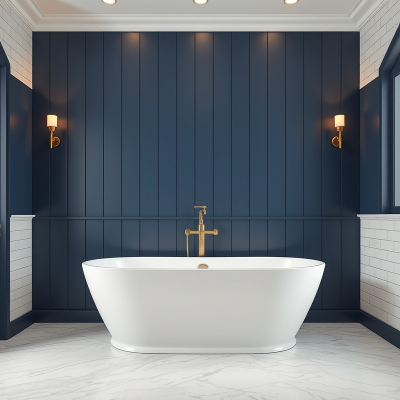 White freestanding tub against navy blue shiplap accent wall