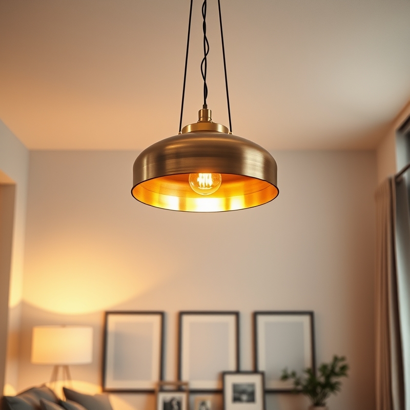 Modern brass pendant light hanging at eye level in small living room