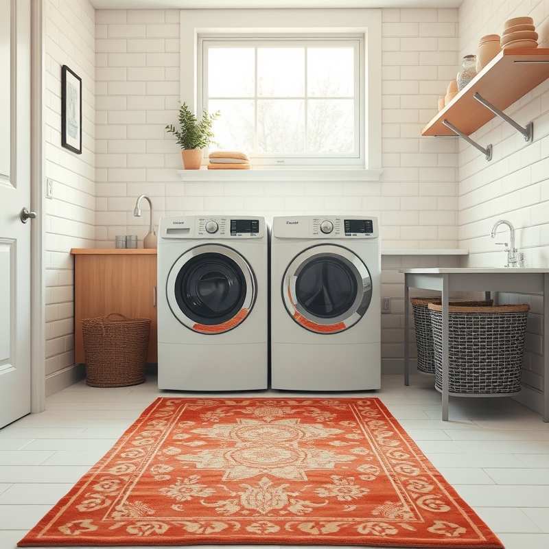 Faded vintage runner rug in front of washer and dryer