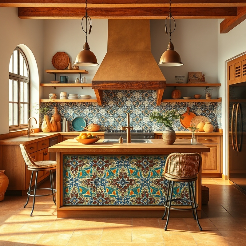 Island with geometric Moroccan tile facing in blue, white, and terracotta
