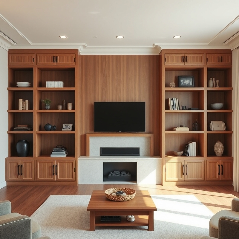 Built-in shelves on either side of TV fireplace wall