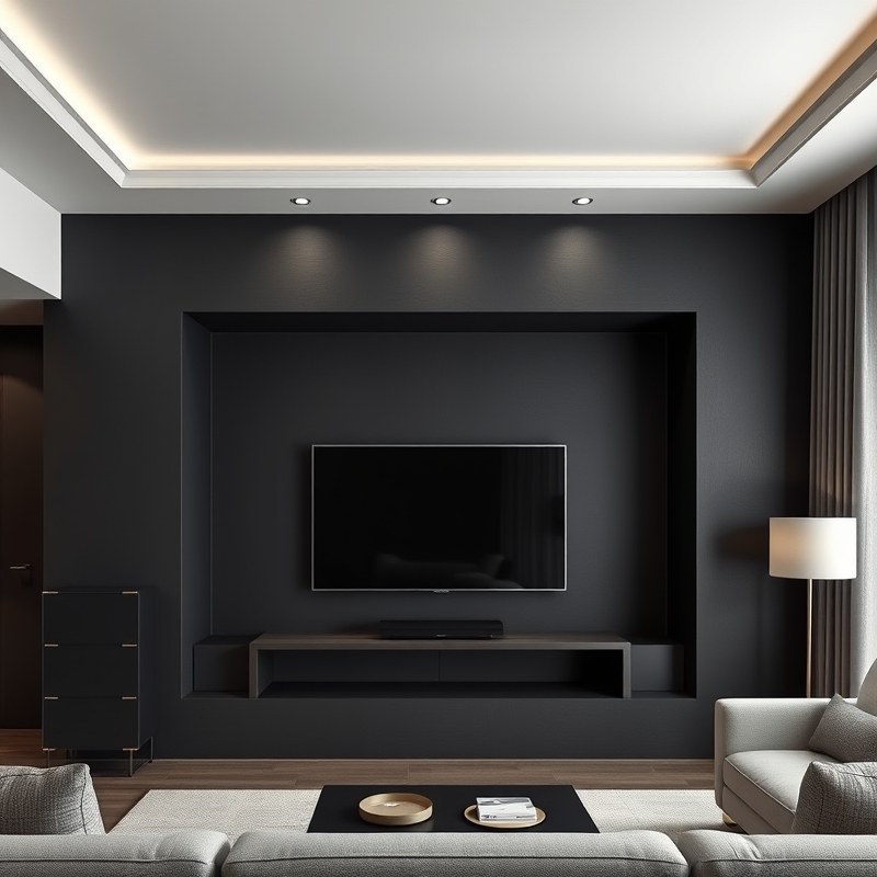 Recessed niche with matte black plaster walls hosting television