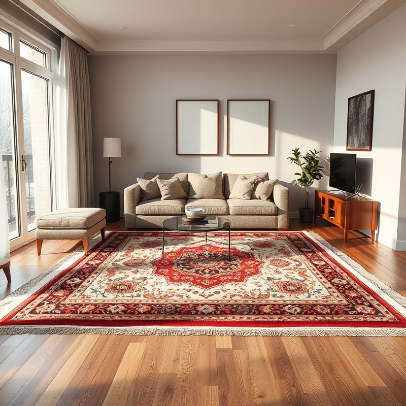 Layered rugs with Persian patterns in apartment living room