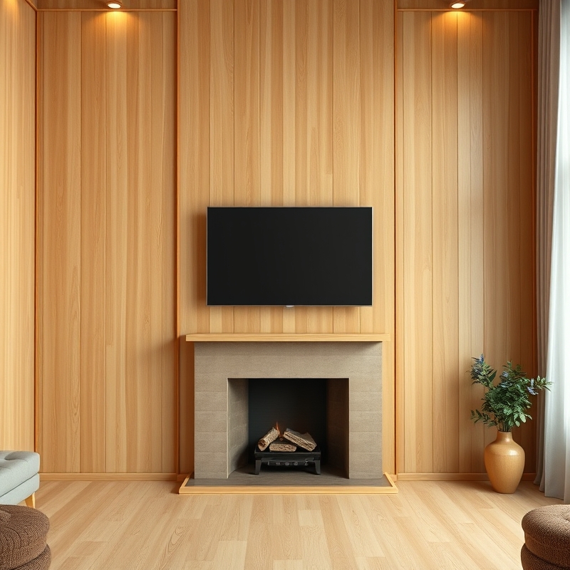 Wood paneled wall with fireplace and TV layout